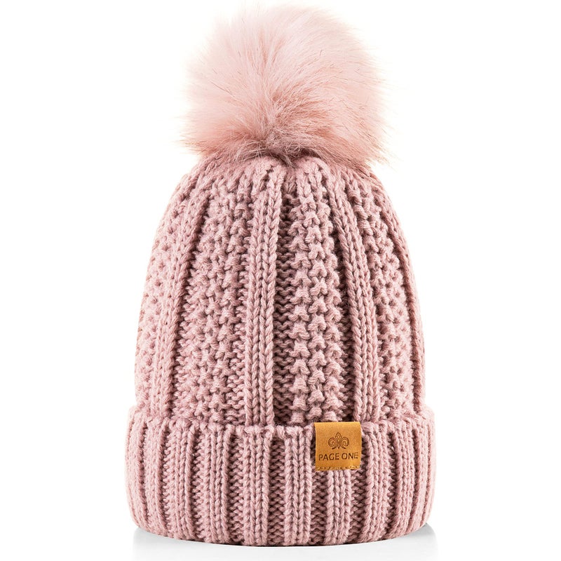 PAGE ONE Womens Winter Thick Cable Knit Beanie Faux Fur Pom Hat Fleece Lined Skull Cap Dark Pink - Image 1